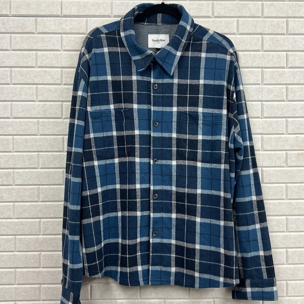 Goodfellow Flannel Shirt Mens Blue Plaid Button Up Long Sleeve Grunge Casual XXL